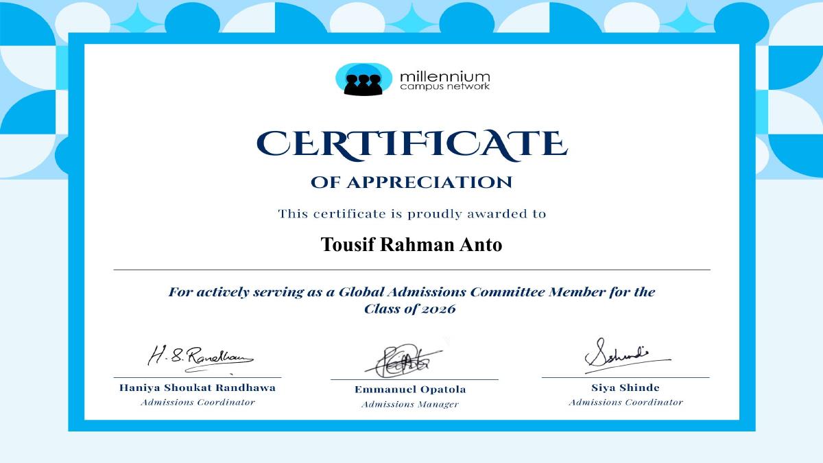 Certificate of appreciation for Tousif Rahman Anto