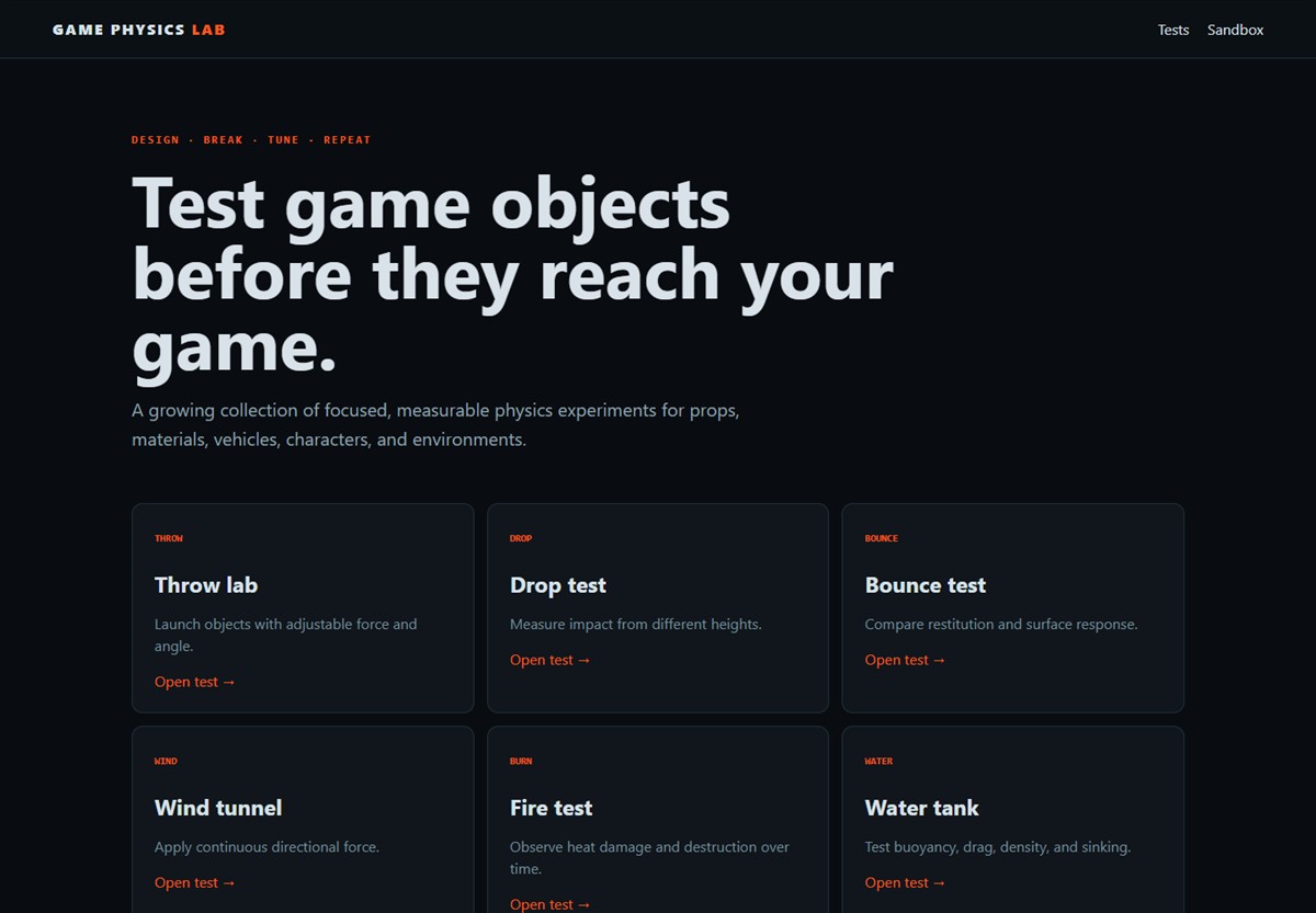 Game Physics Lab website preview