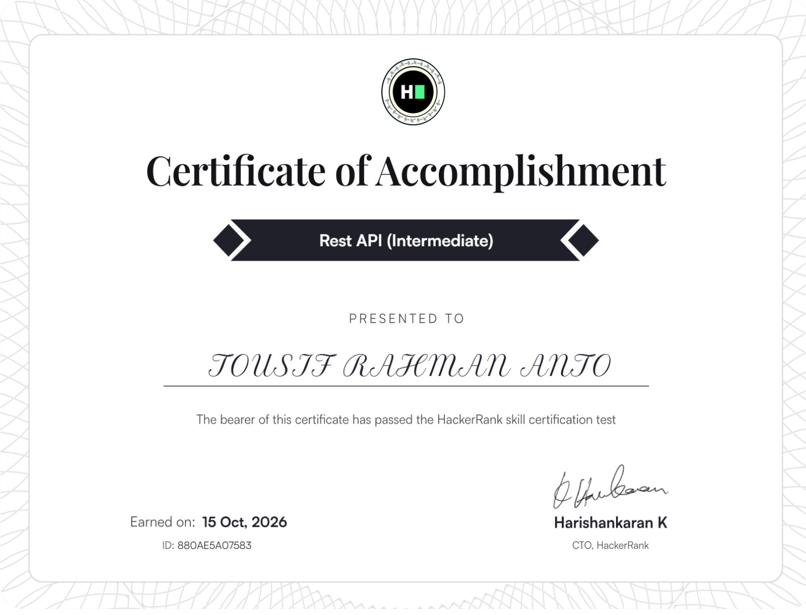 Certificate of accomplishment for Tousif Rahman Anto