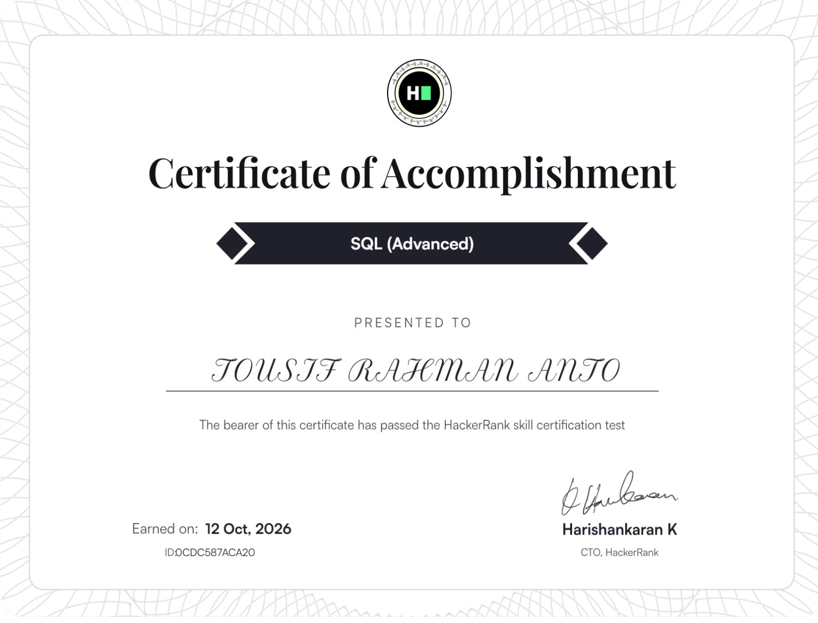 Certificate of accomplishment for Tousif Rahman Anto